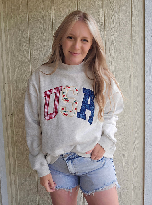 USA Multi Pattern Heather Grey Mockneck Sweatshirt