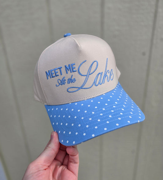 MEET ME AT THE LAKE Baby Blue Polka Dot Trucker Hat