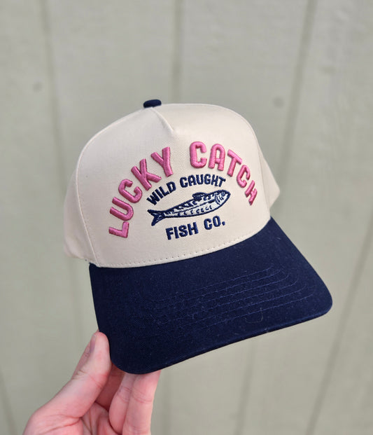 LUCKY CATCH FISH CO. Navy/Pink Embroidered Trucker Hat