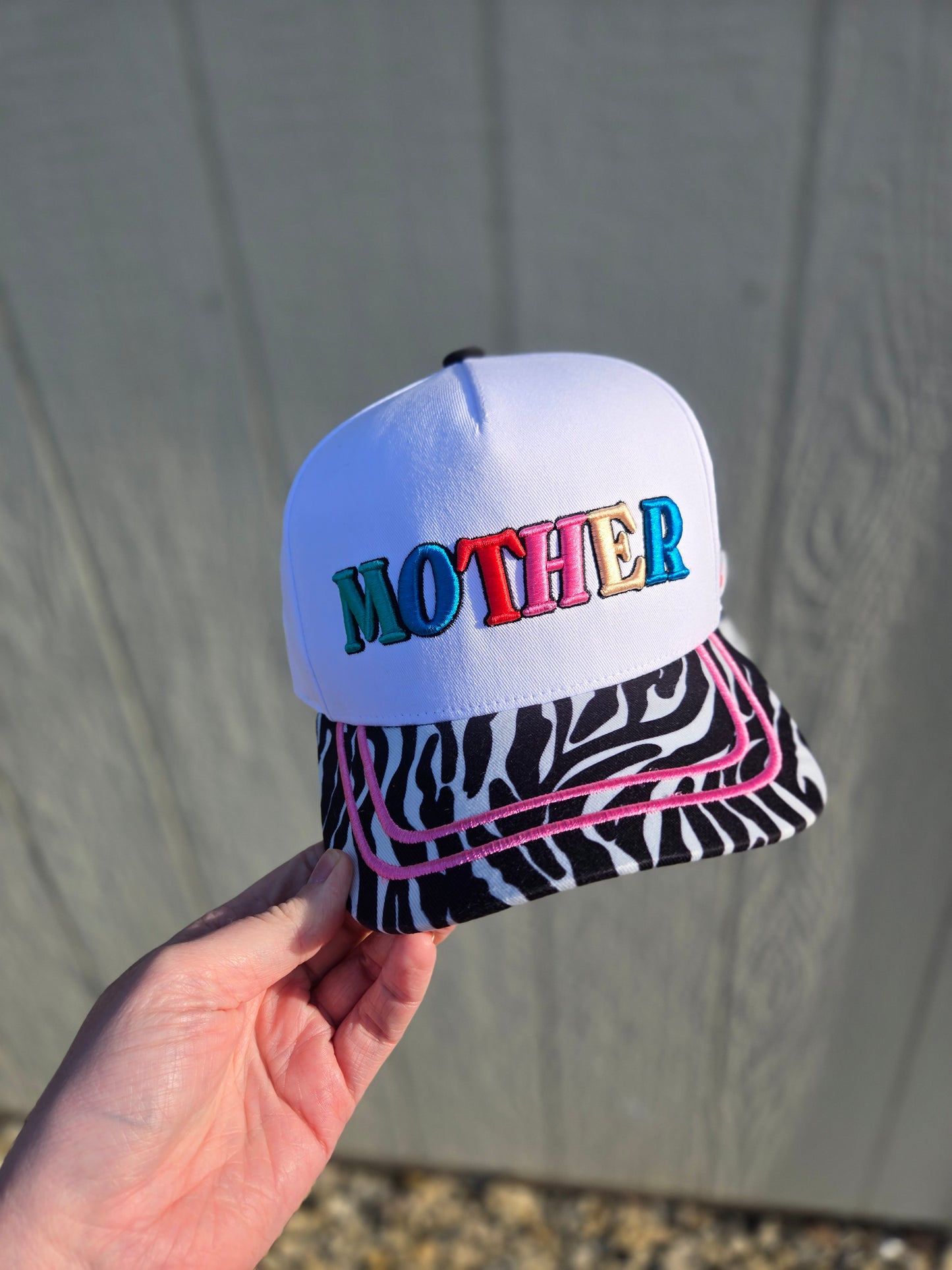 MOTHER (Too Busy To Care) Puff Zebra Embroidered Trucker Hat