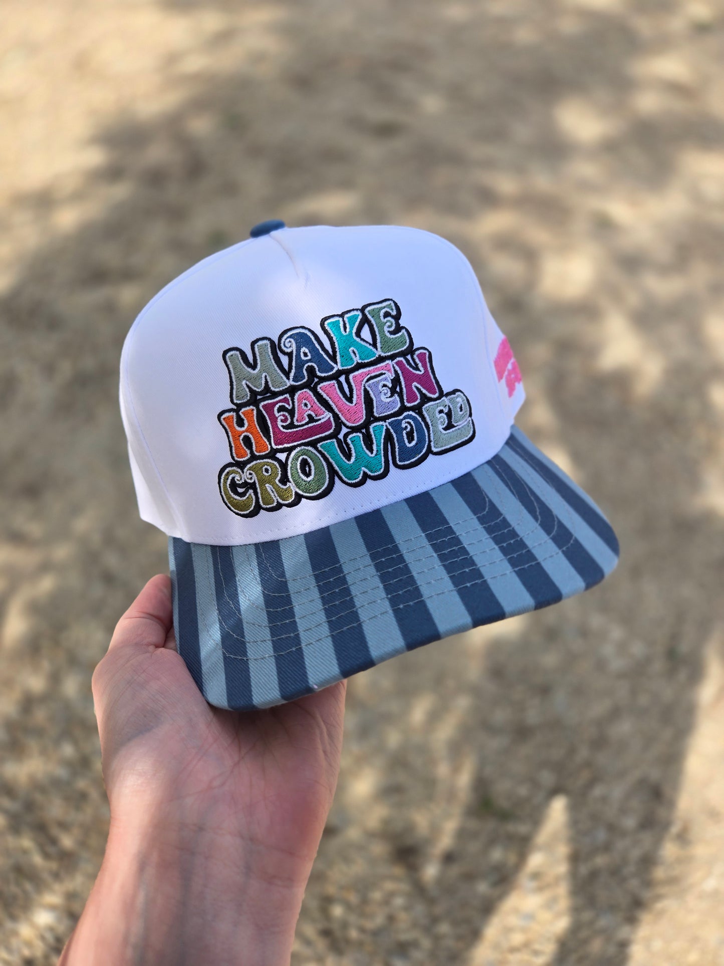MAKE HEAVEN CROWDED Teal/Denim Stripe Embroidered Trucker Hat