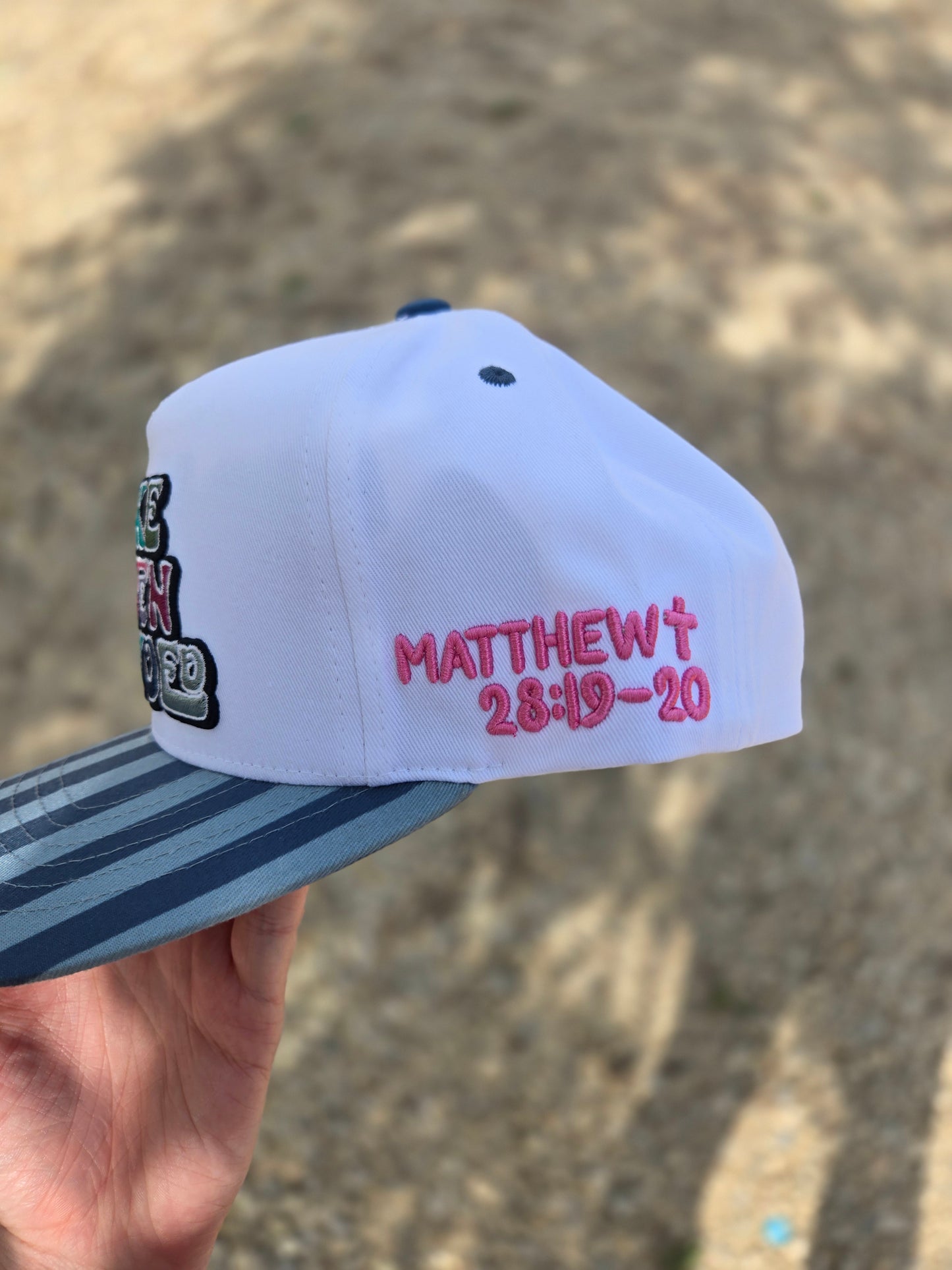 MAKE HEAVEN CROWDED Teal/Denim Stripe Embroidered Trucker Hat