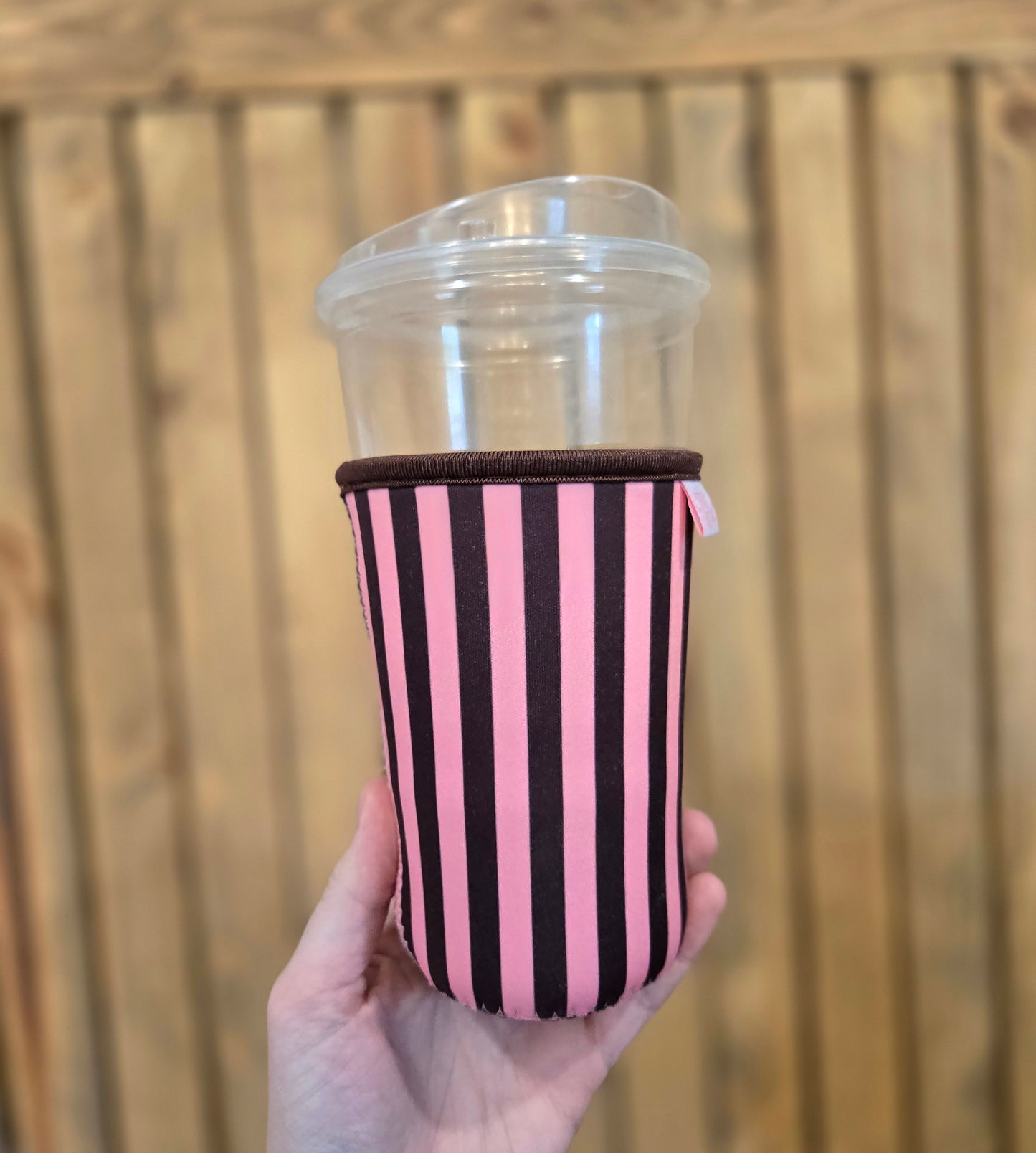 PINK/BROWN STRIPE Iced Coffee Sleeve