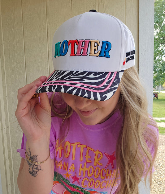 MOTHER (Too Busy To Care) Puff Zebra Embroidered Trucker Hat