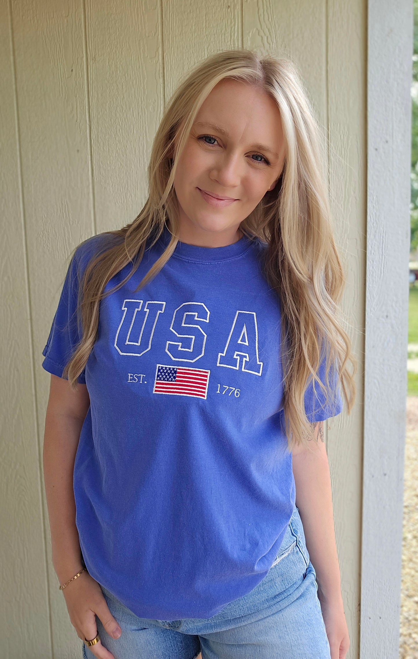 USA EST 1776 Flag Blue Embroidered Short Sleeve Tee