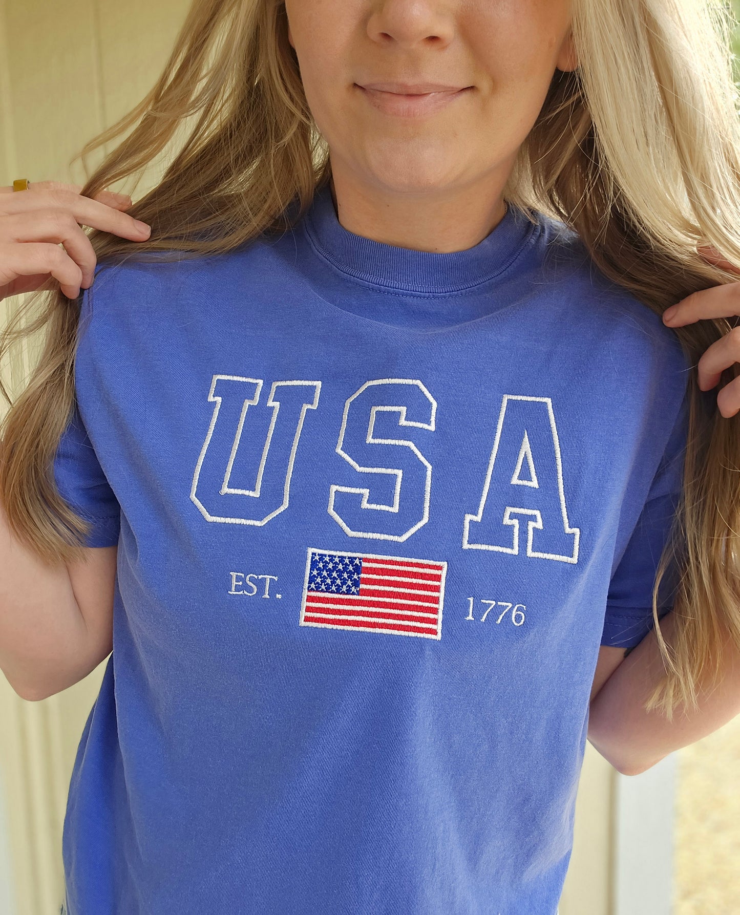 USA EST 1776 Flag Blue Embroidered Short Sleeve Tee