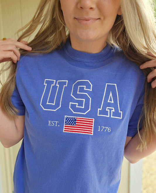 USA EST 1776 Flag Blue Embroidered Short Sleeve Tee