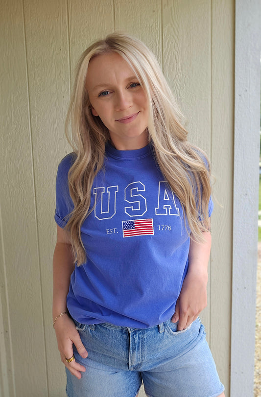 USA EST 1776 Flag Blue Embroidered Short Sleeve Tee