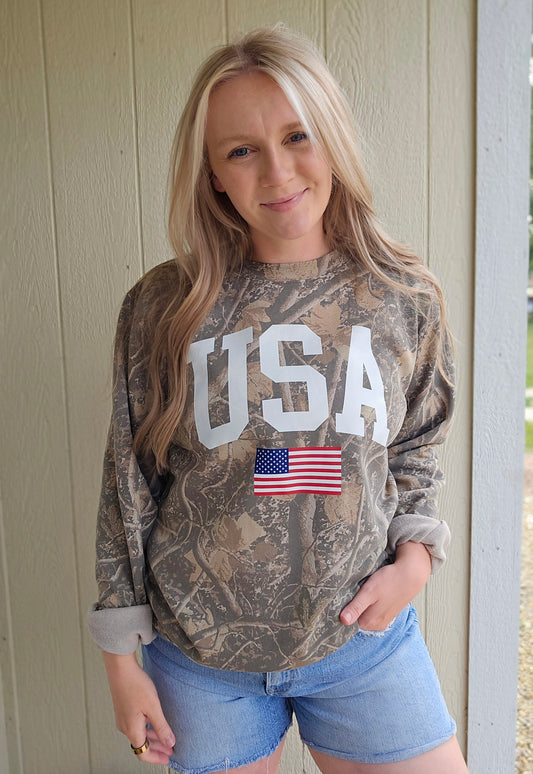USA Varsity Flag Dark Camo Midweight Crewneck Sweatshirt