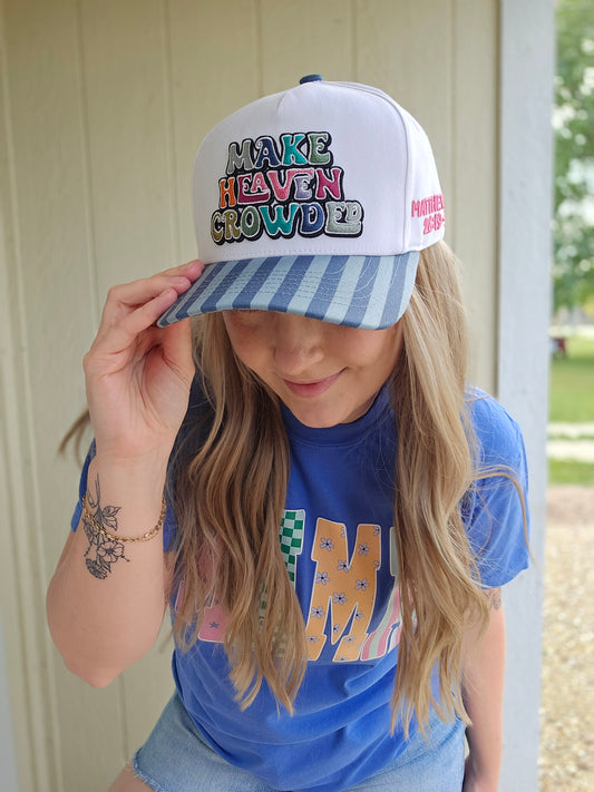 MAKE HEAVEN CROWDED Teal/Denim Stripe Embroidered Trucker Hat