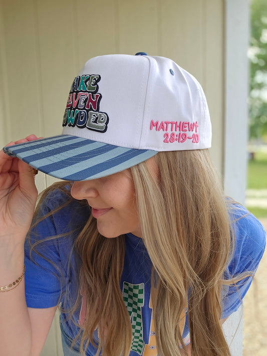 MAKE HEAVEN CROWDED Teal/Denim Stripe Embroidered Trucker Hat