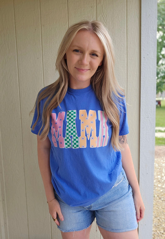 MAMA Multi-Pattern Varsity Periwinkle Vintage Wash Tee