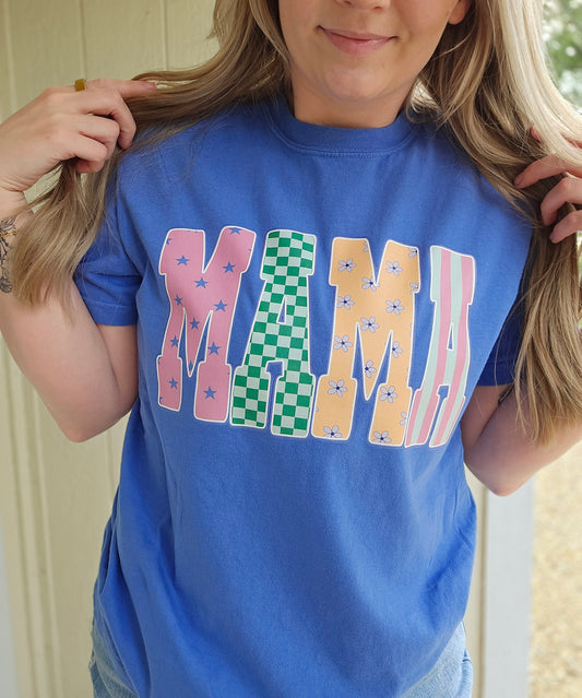 MAMA Multi-Pattern Varsity Periwinkle Vintage Wash Tee