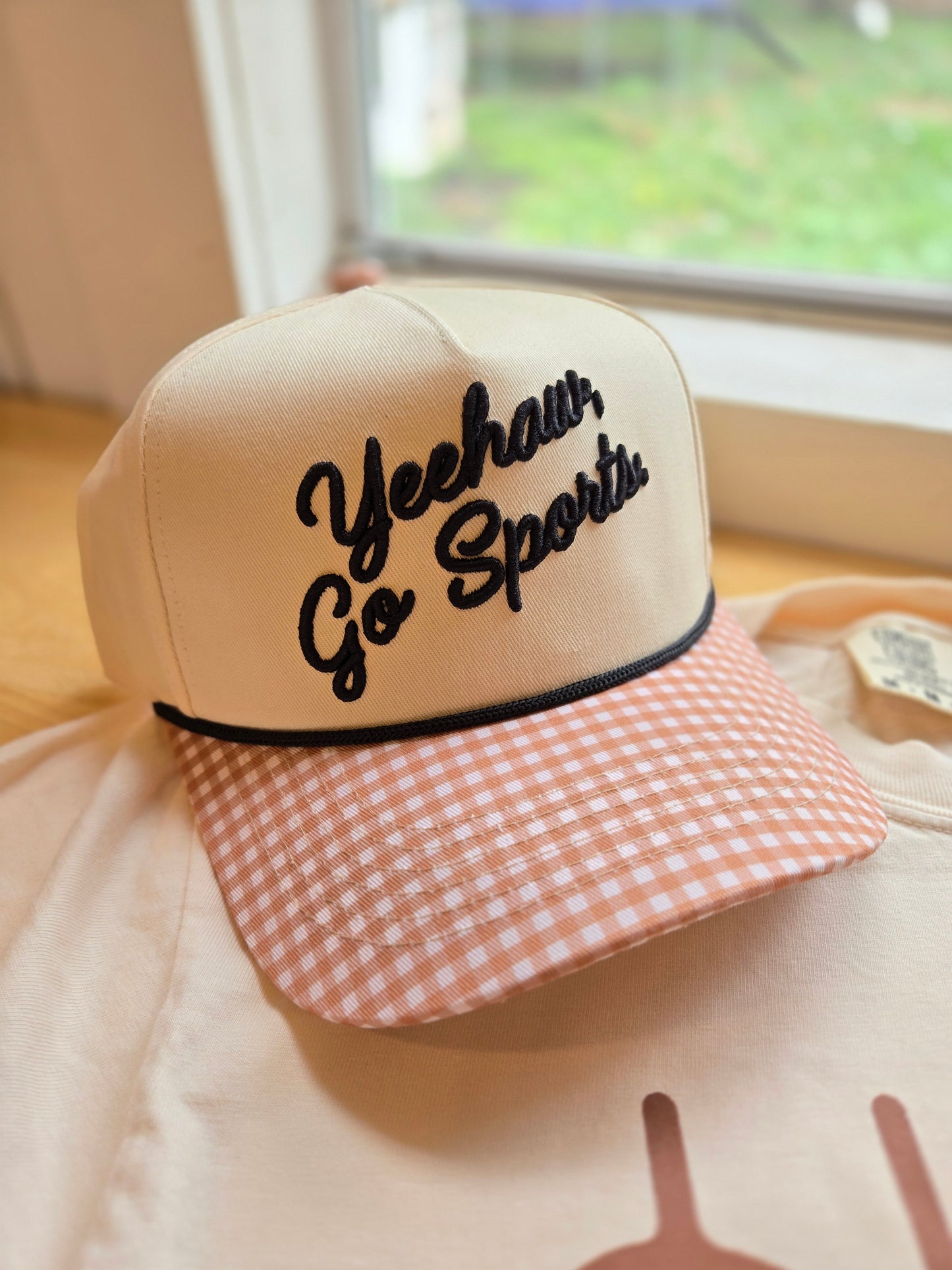 YEEHAW, GO SPORTS Gingham Embroidered Trucker Hat