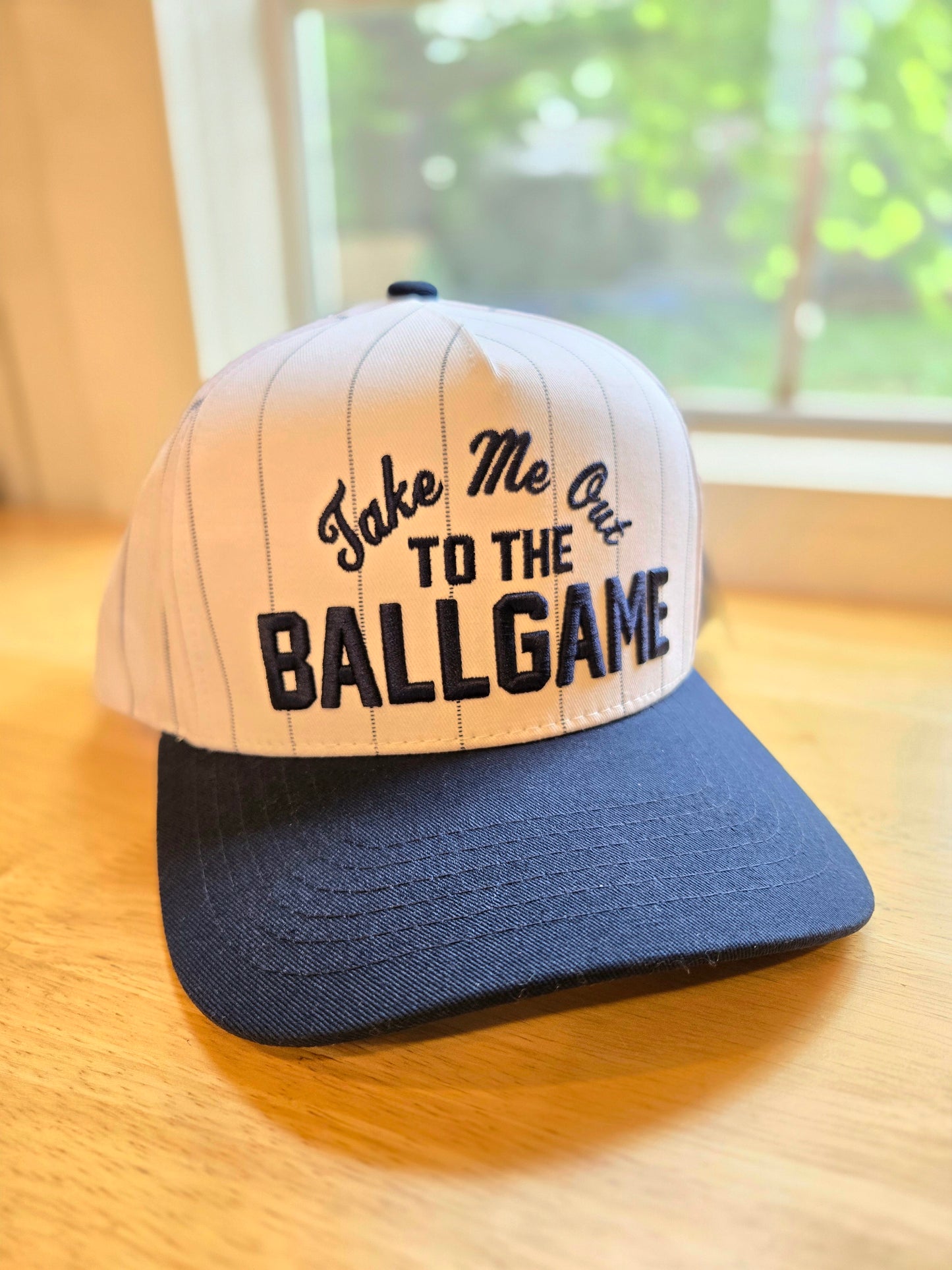 TAKE ME OUT TO THE BALL GAME Pinstripe Embroidered Trucker Hat