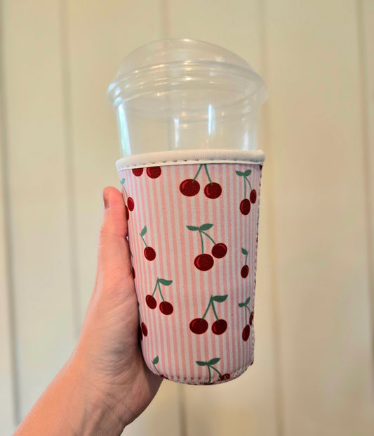 CHERRY PINSTRIPE Pink Iced Coffee Sleeve