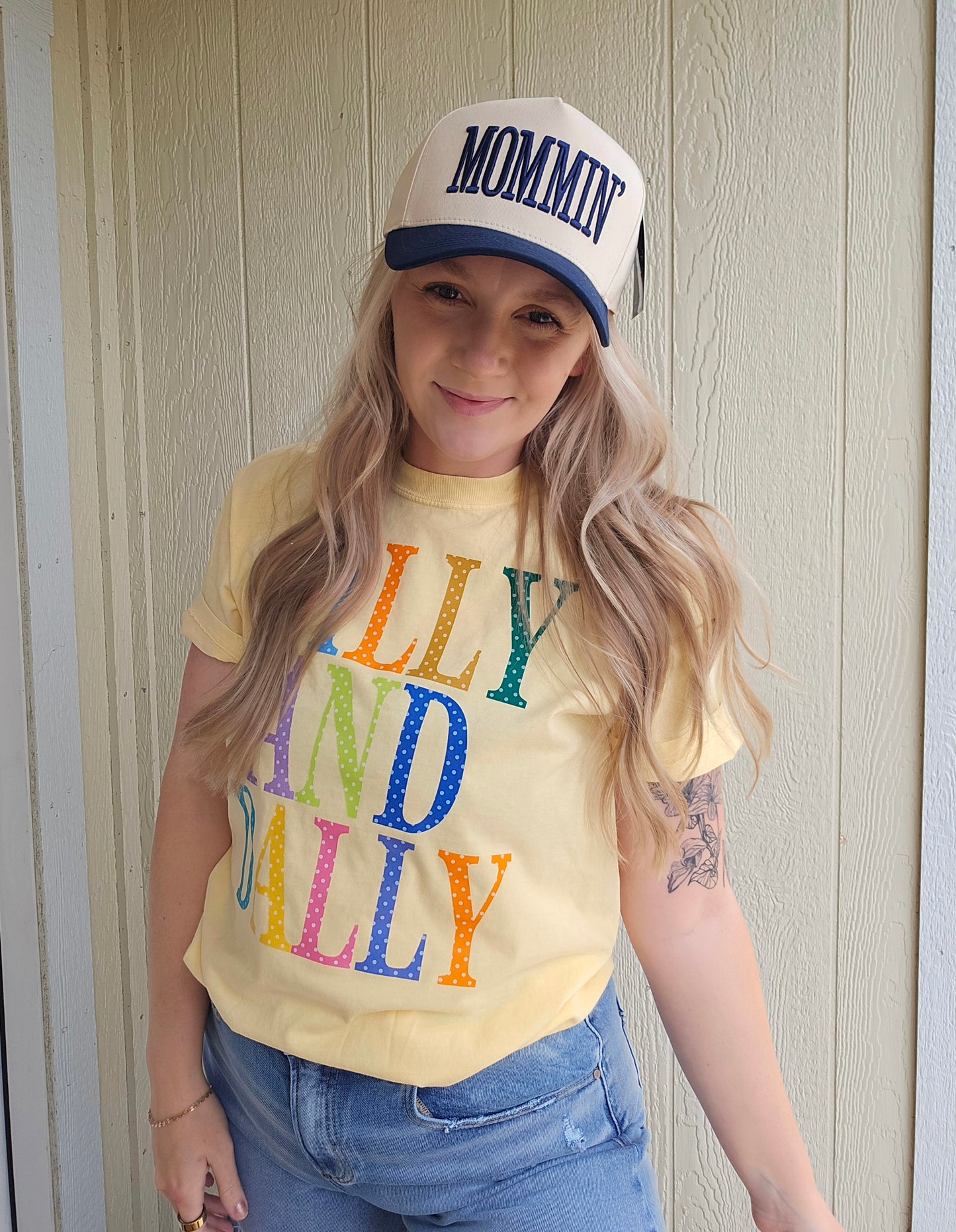 MOMMIN' Navy Two-Tone Puff Embroidered Trucker Hat