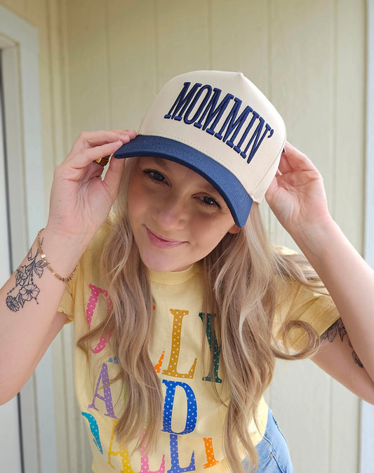 MOMMIN' Navy Two-Tone Puff Embroidered Trucker Hat