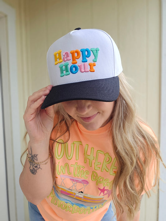 HAPPY HOUR Rainbow Two-Tone Puff Embroidered Trucker Hat