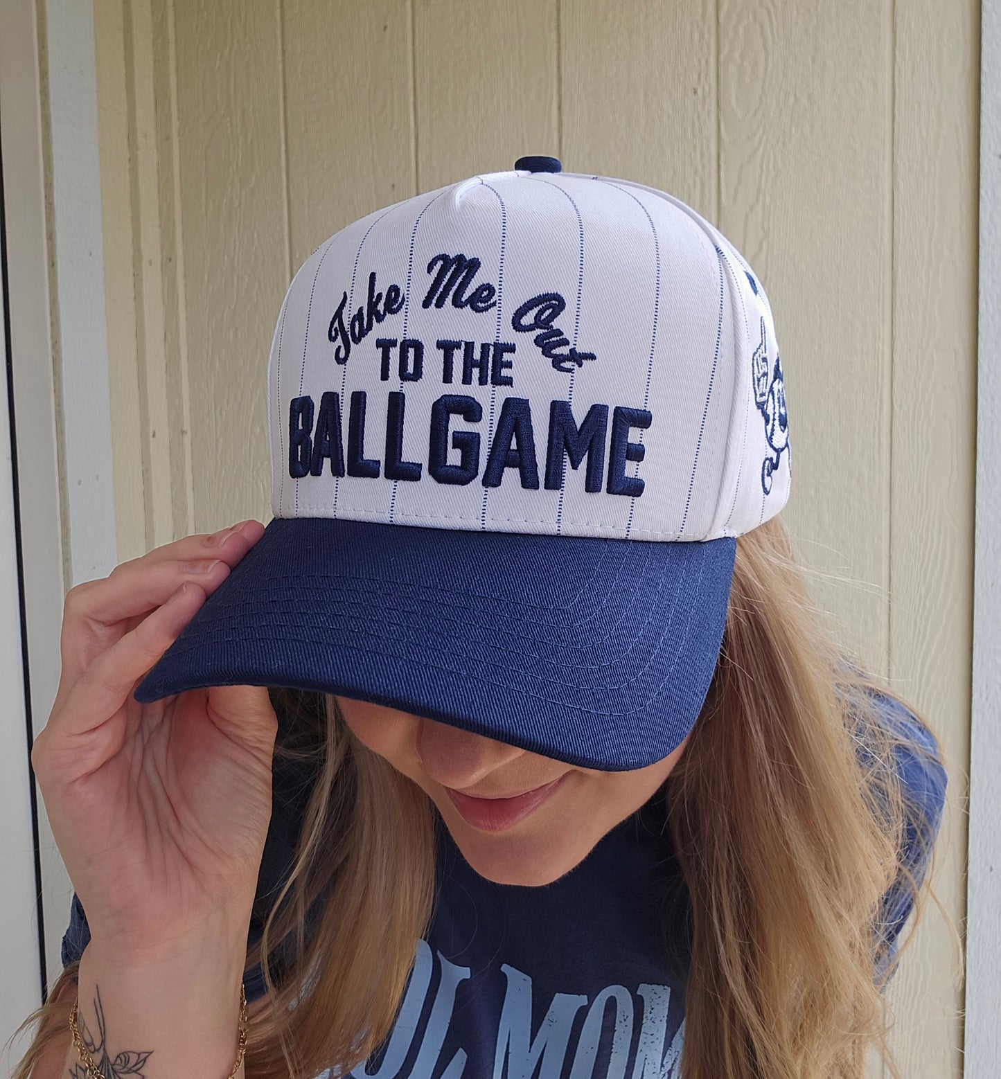 TAKE ME OUT TO THE BALL GAME Pinstripe Embroidered Trucker Hat