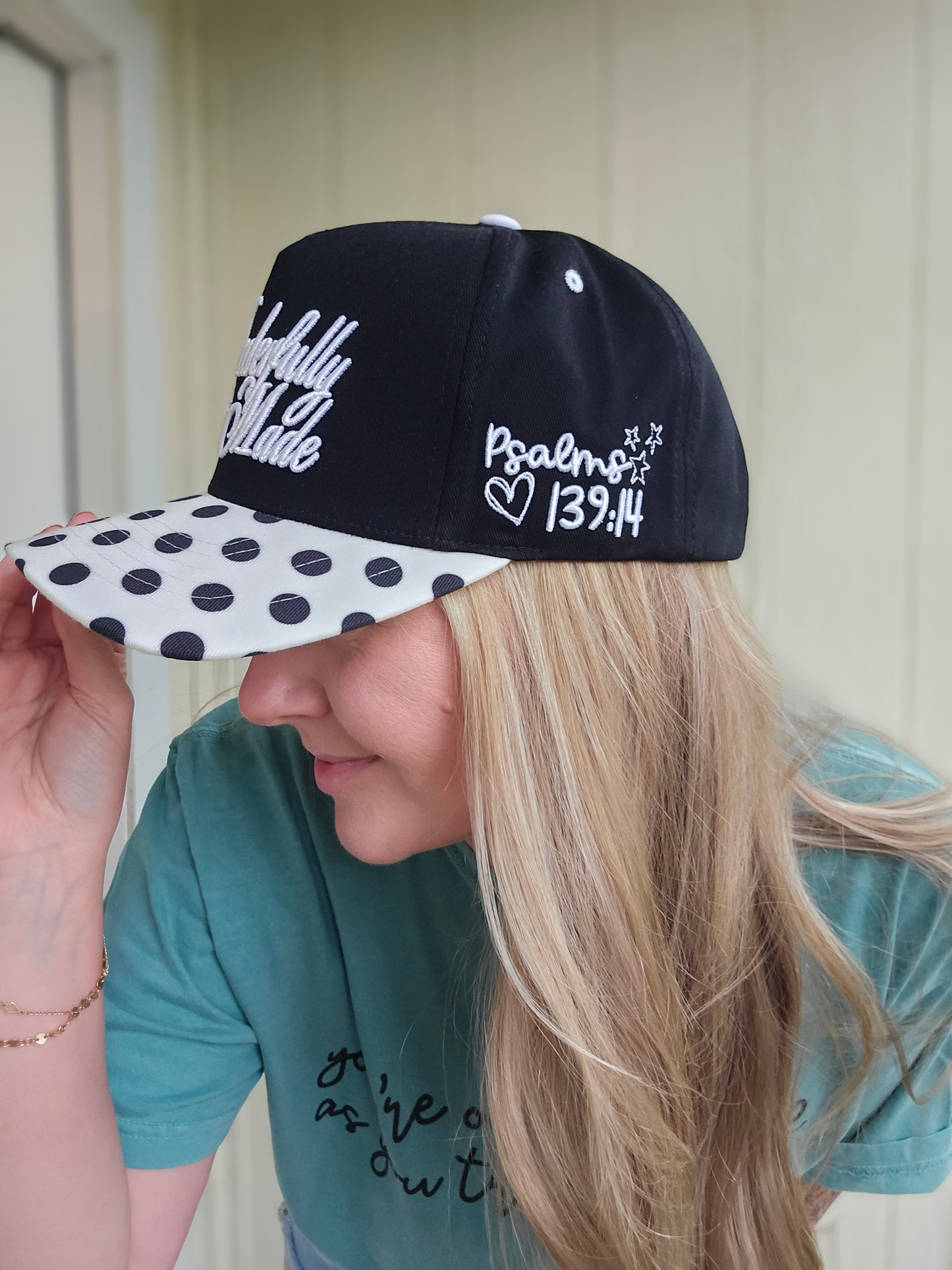 WONDERFULLY MADE Black Polka Dot Embroidered Trucker Hat