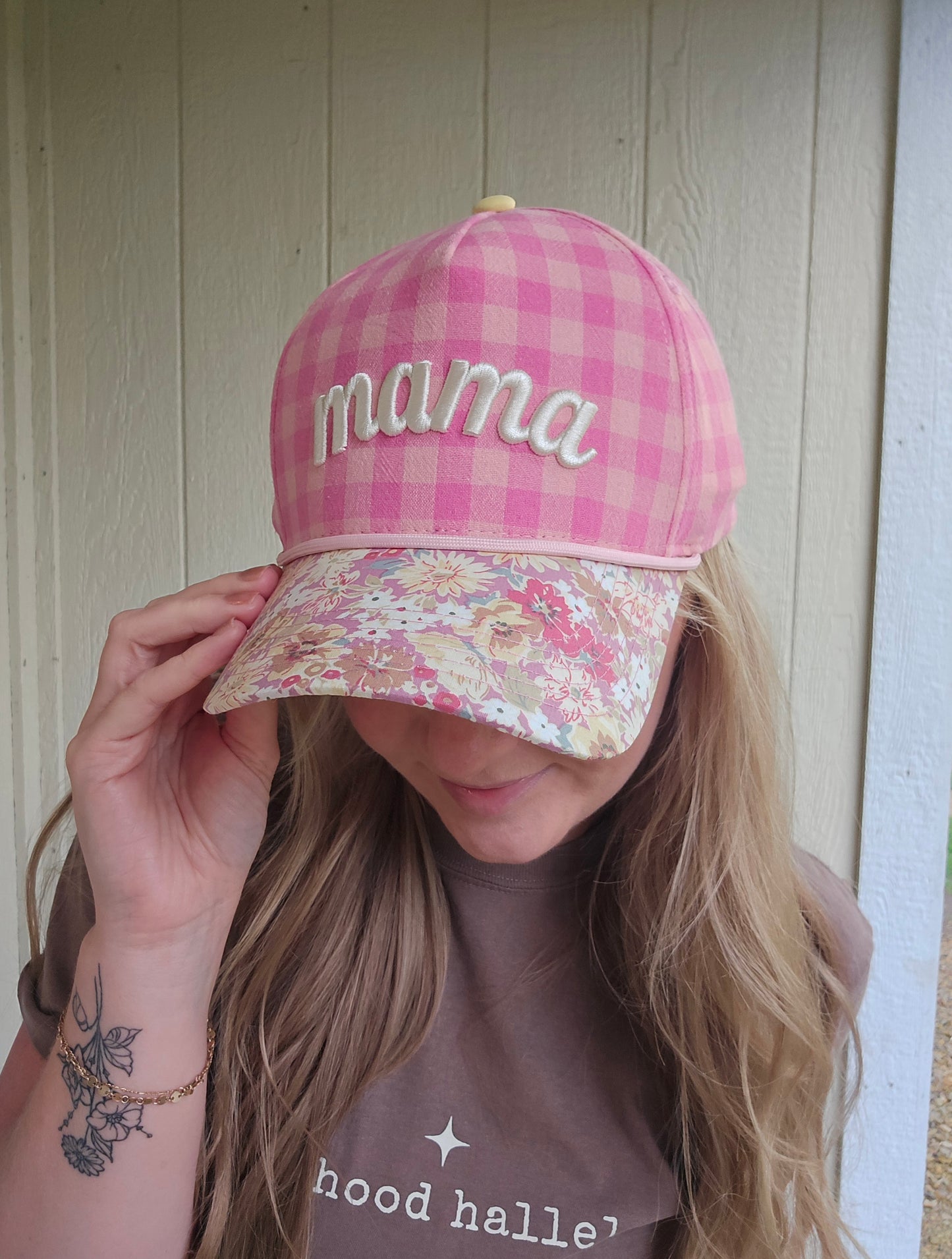 MAMA Pink Gingham/Floral Embroidered Trucker Hat