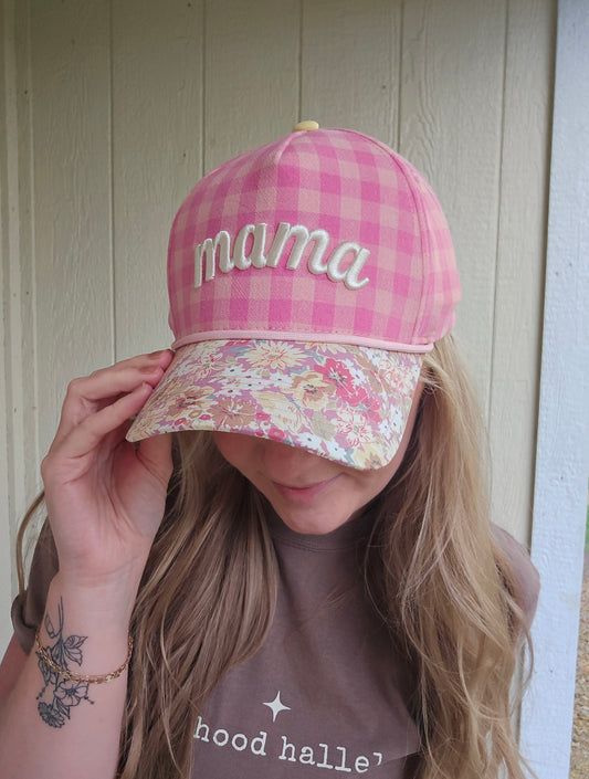 MAMA Pink Gingham/Floral Embroidered Trucker Hat