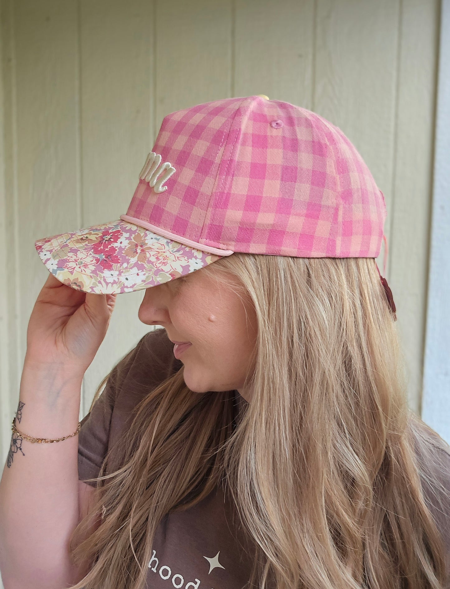 MAMA Pink Gingham/Floral Embroidered Trucker Hat