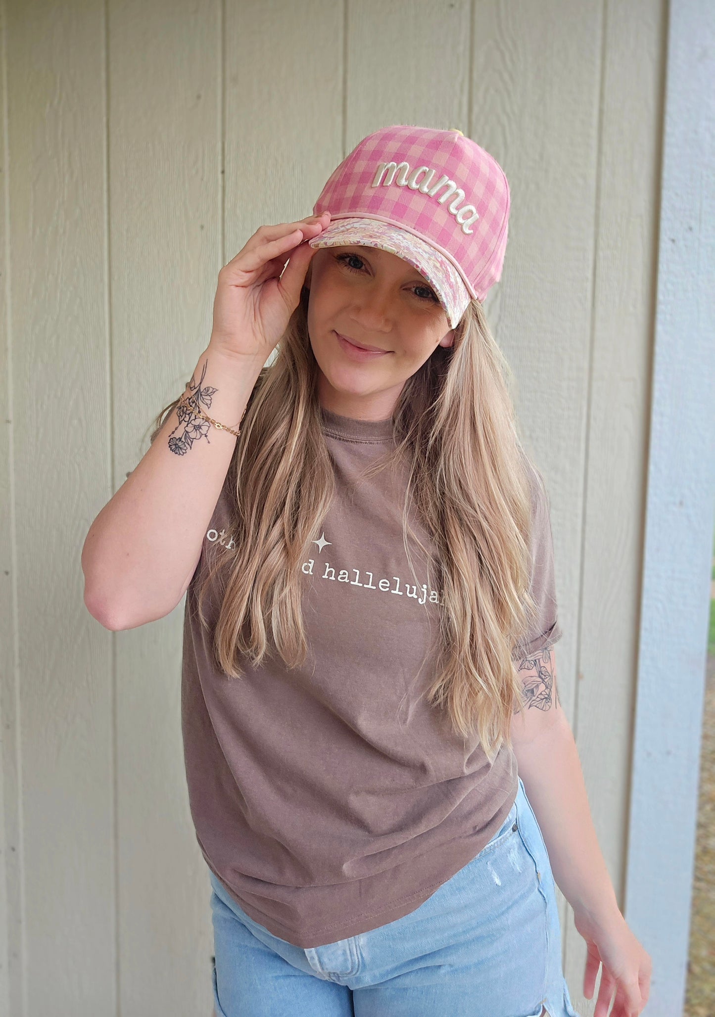 MAMA Pink Gingham/Floral Embroidered Trucker Hat