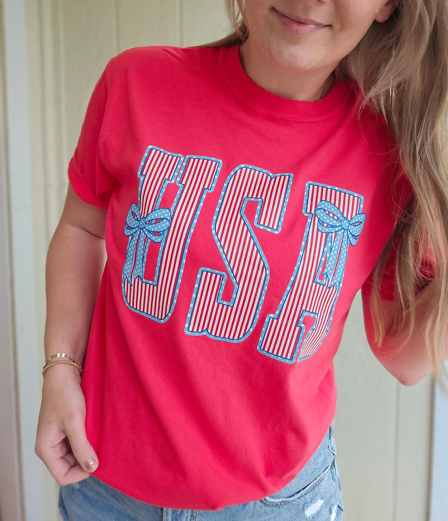 USA STRIPE Neon Red Vintage Wash Tee