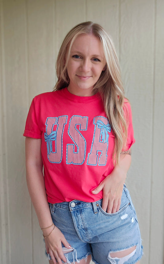 USA STRIPE Neon Red Vintage Wash Tee