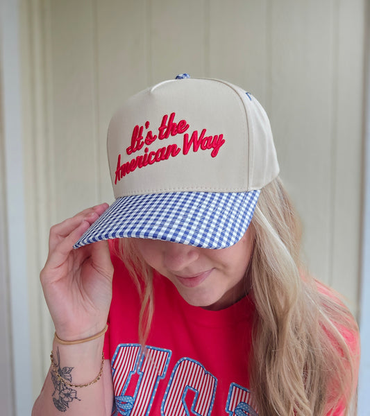THE AMERICAN WAY Gingham Embroidered Trucker Hat
