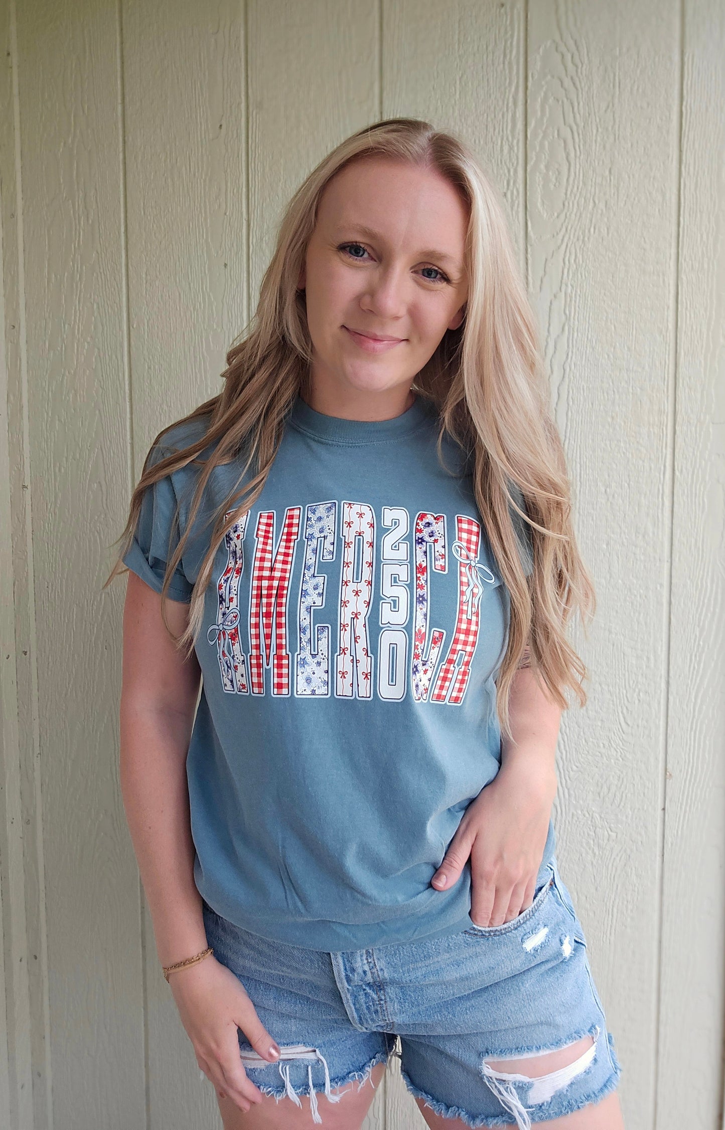AMERICA 250th Multi-Pattern Ice Blue Vintage Wash Tee