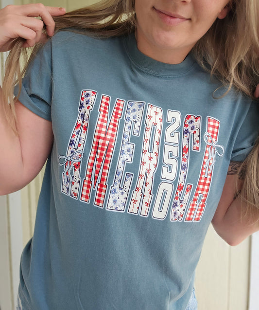 AMERICA 250th Multi-Pattern Ice Blue Vintage Wash Tee