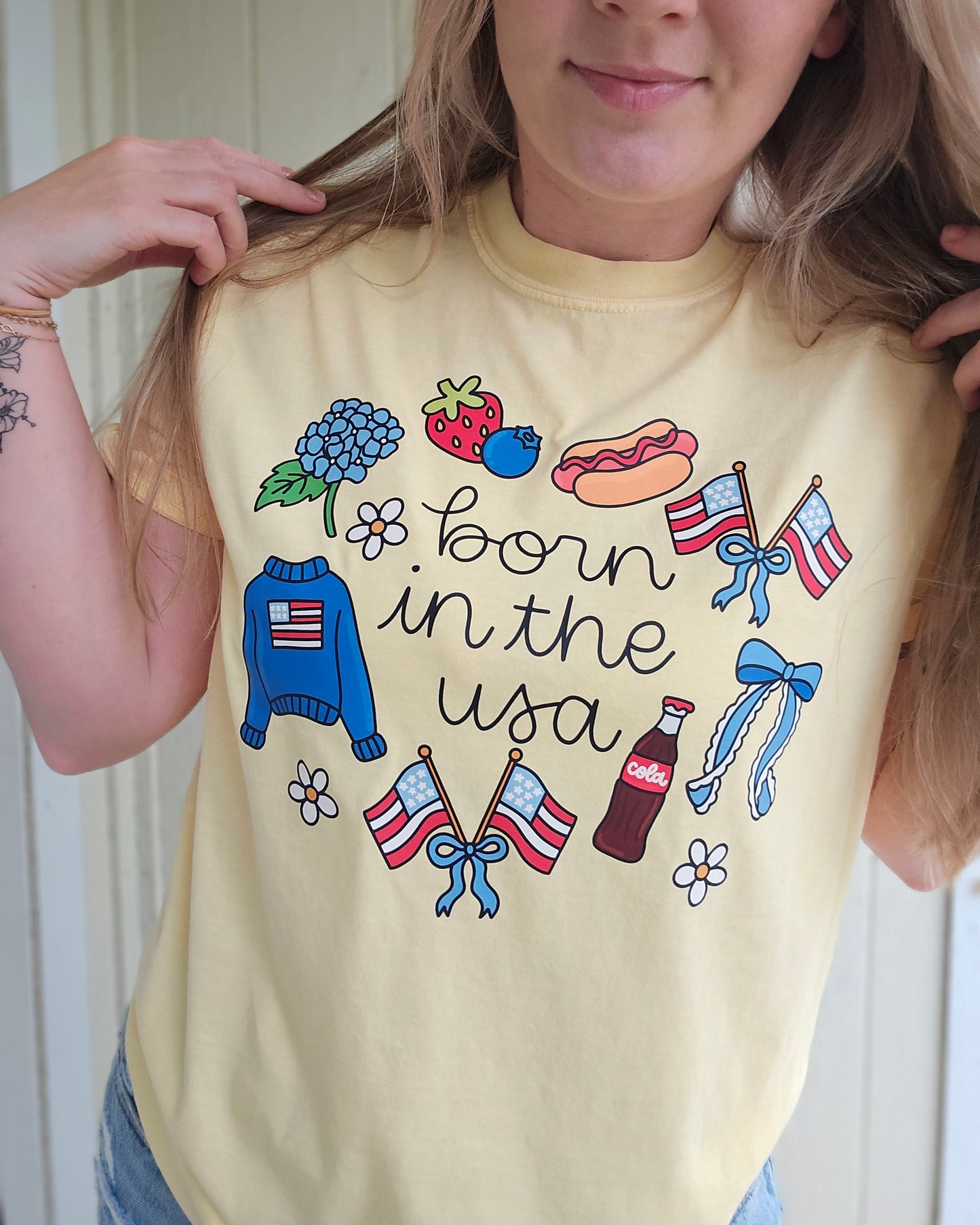 BORN IN THE USA Butter Yellow Vintage Wash Tee