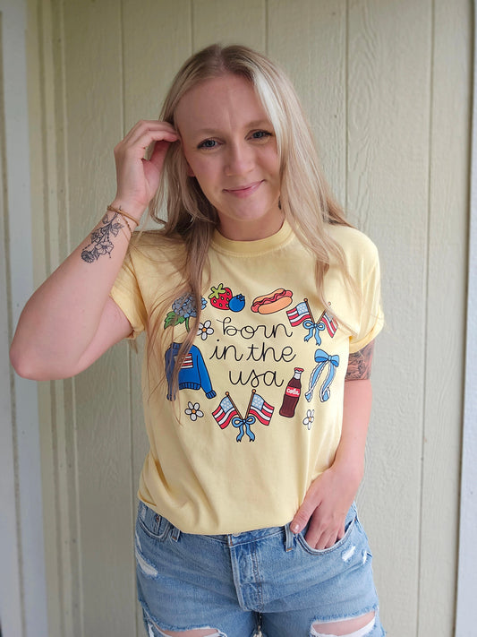BORN IN THE USA Butter Yellow Vintage Wash Tee