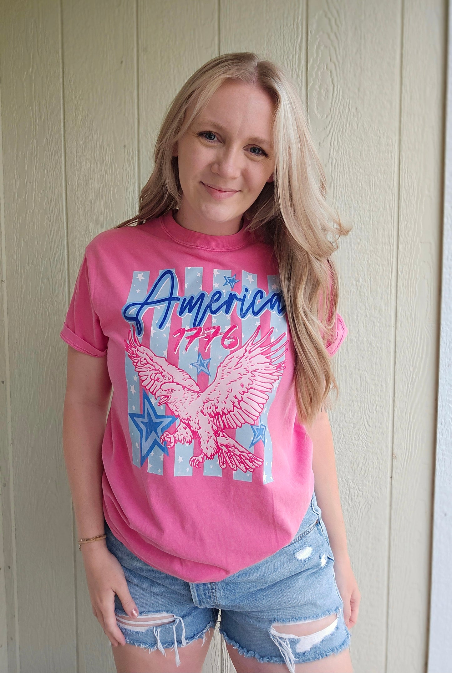 AMERICA 1776 Stripe Eagle Pink Vintage Wash Tee
