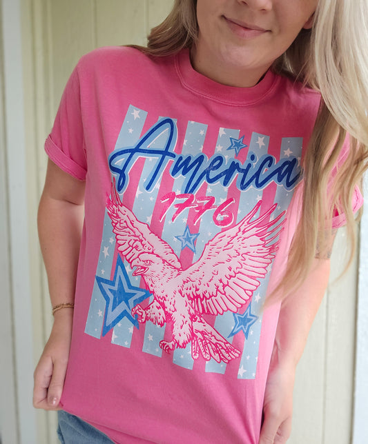 AMERICA 1776 Stripe Eagle Pink Vintage Wash Tee