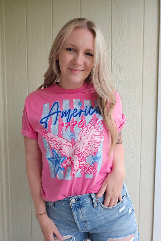 AMERICA 1776 Stripe Eagle Pink Vintage Wash Tee