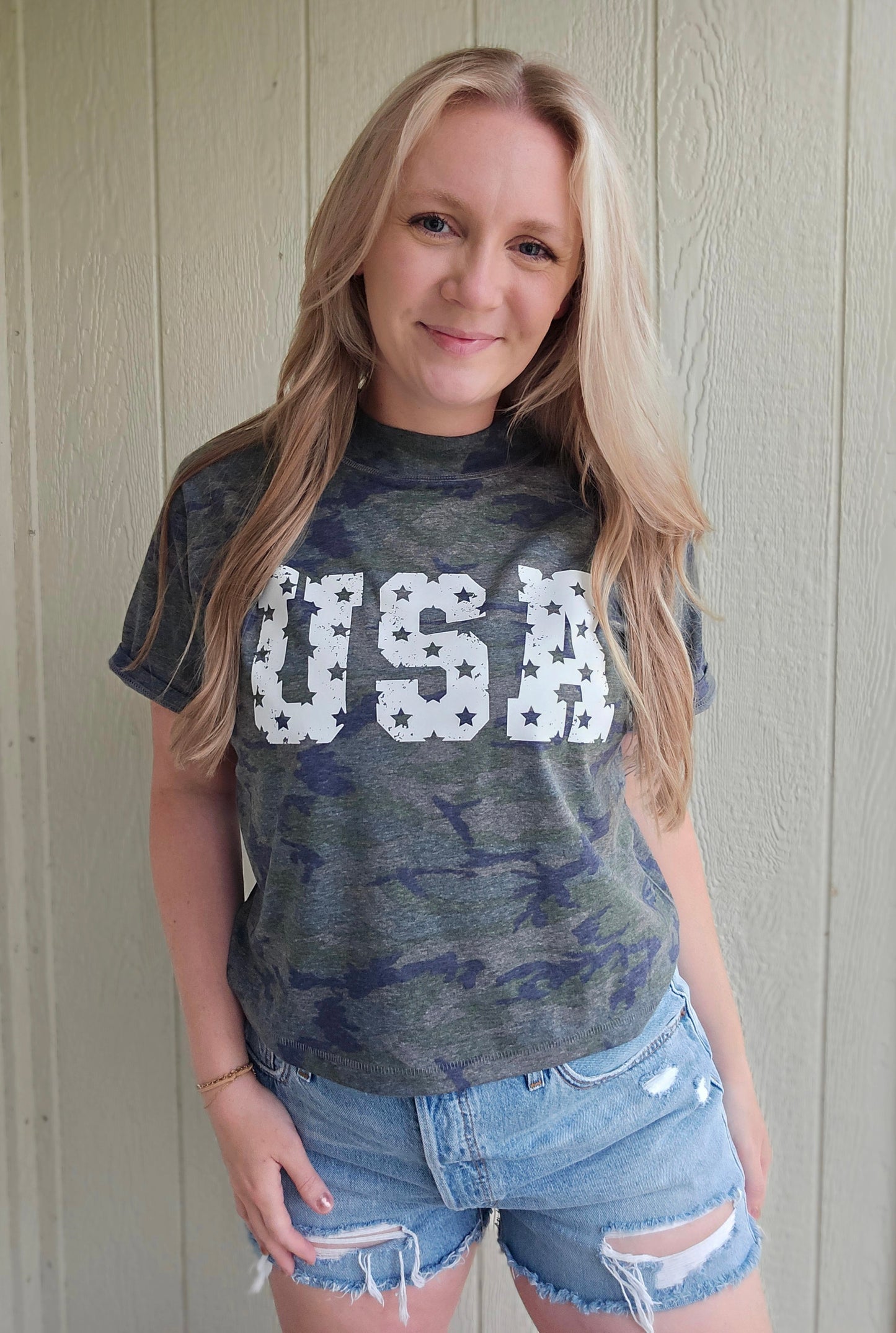 USA STAR Distressed Army Camo Crop Tee