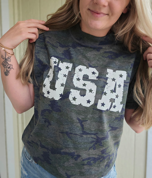 USA STAR Distressed Army Camo Crop Tee