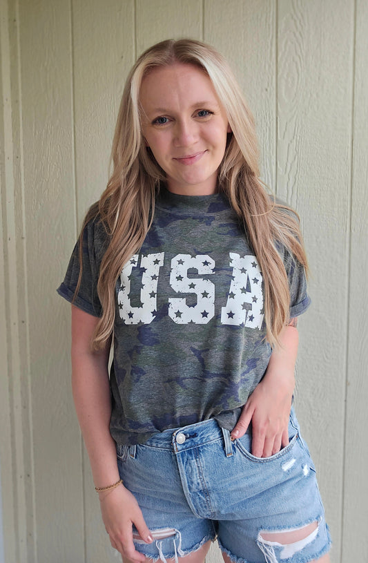 USA STAR Distressed Army Camo Crop Tee