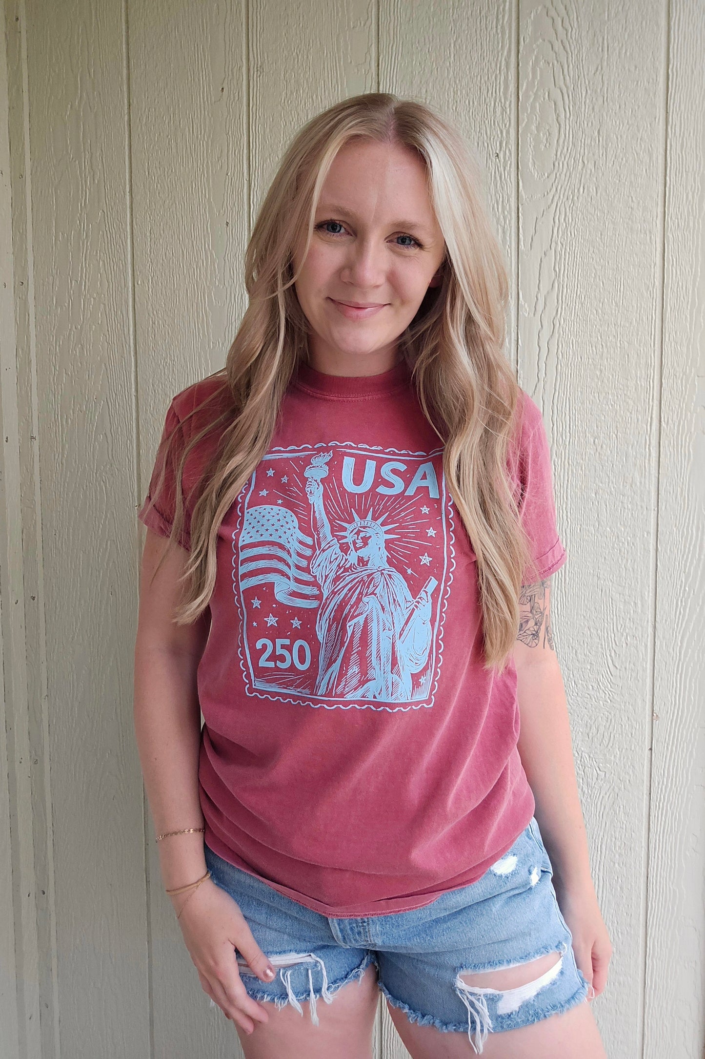 USA 250TH STAMP Red Vintage Wash Tee