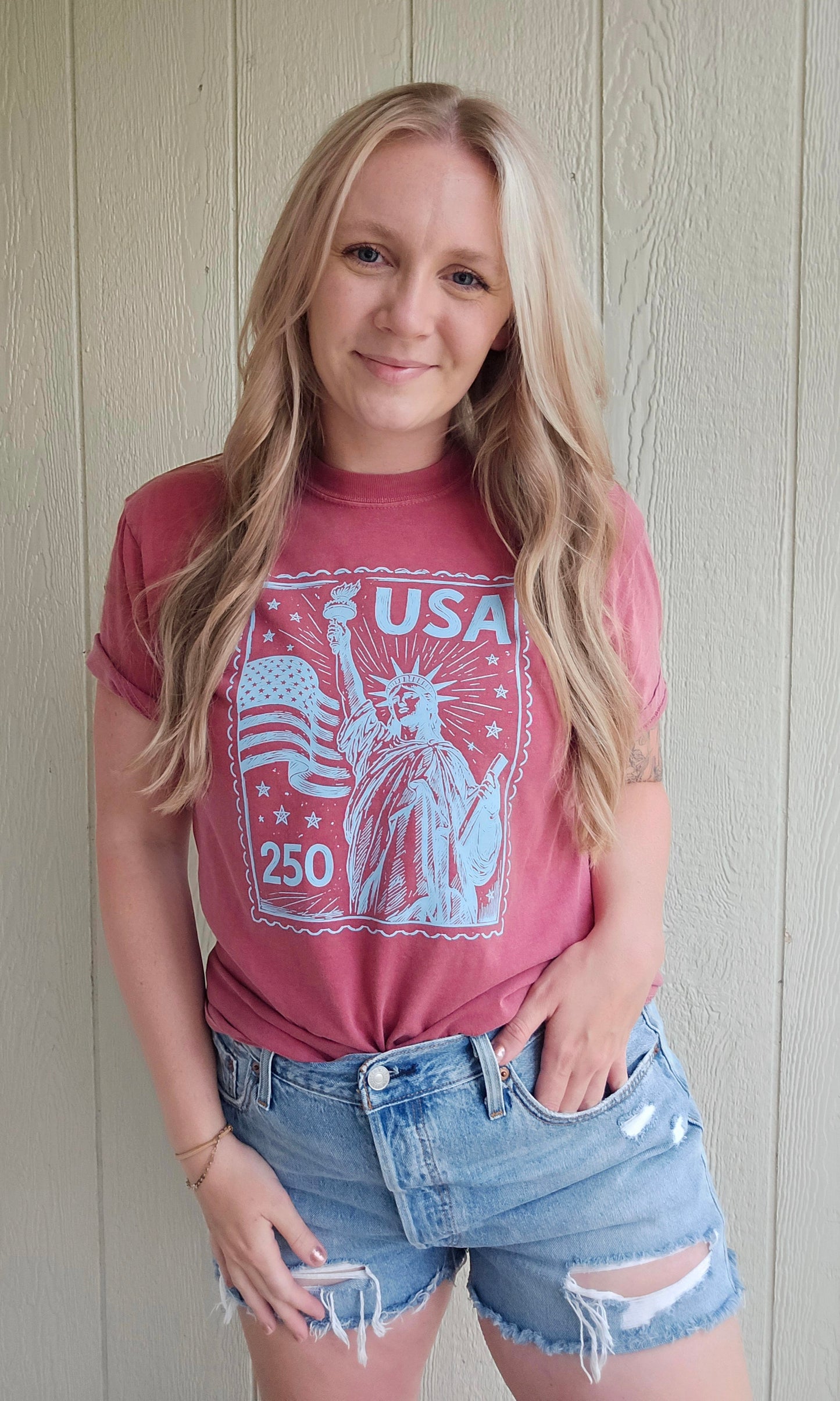 USA 250TH STAMP Red Vintage Wash Tee