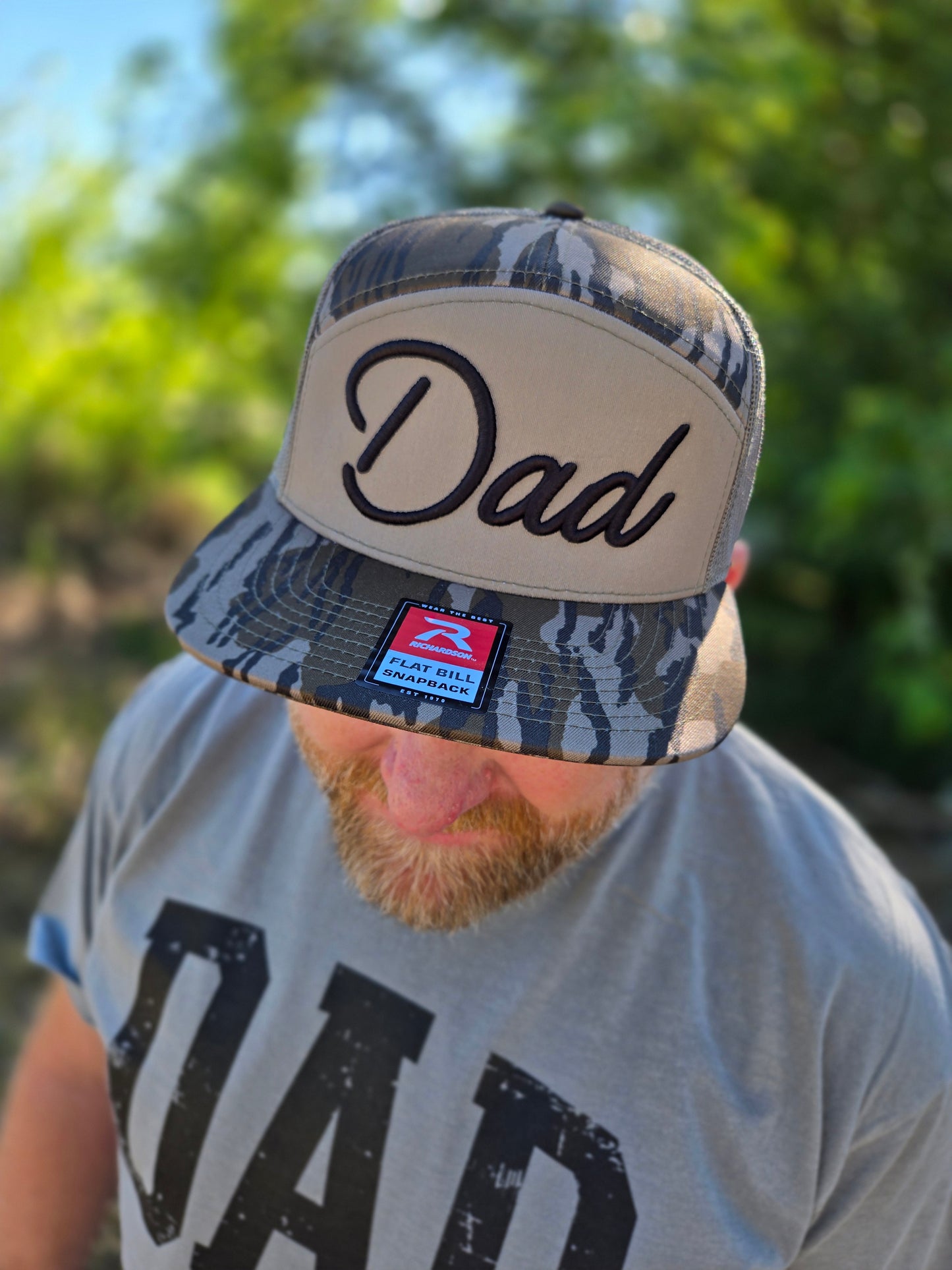 DAD SCRIPT Bottomland Camo Puff Embroidered Snapback