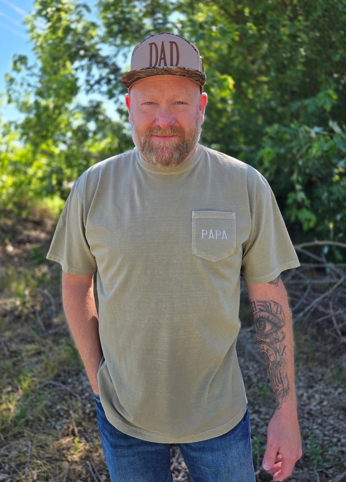 PAPA Tone On Tone Khaki Embroidered Pocket Tee