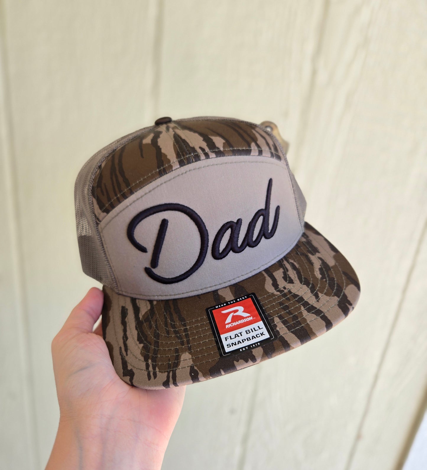 DAD SCRIPT Bottomland Camo Puff Embroidered Snapback
