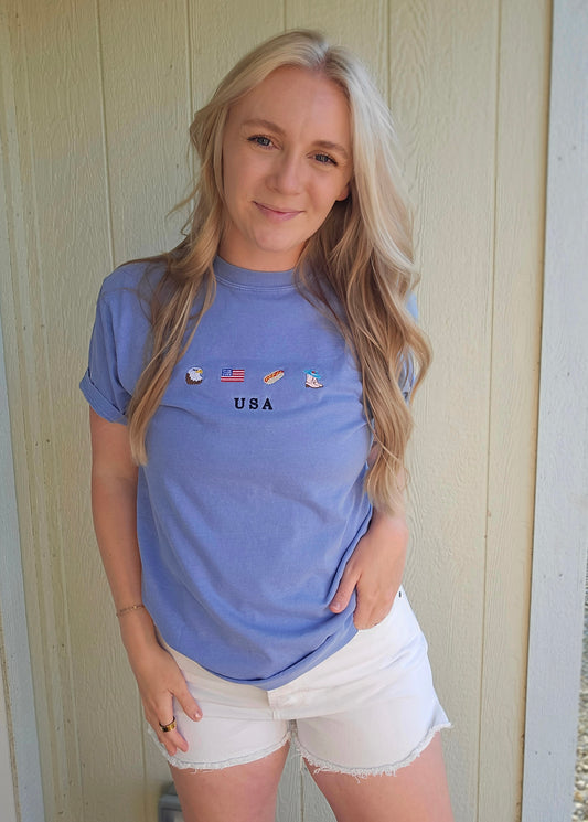 USA ICON Denim Blue Embroidered Short Sleeve Tee