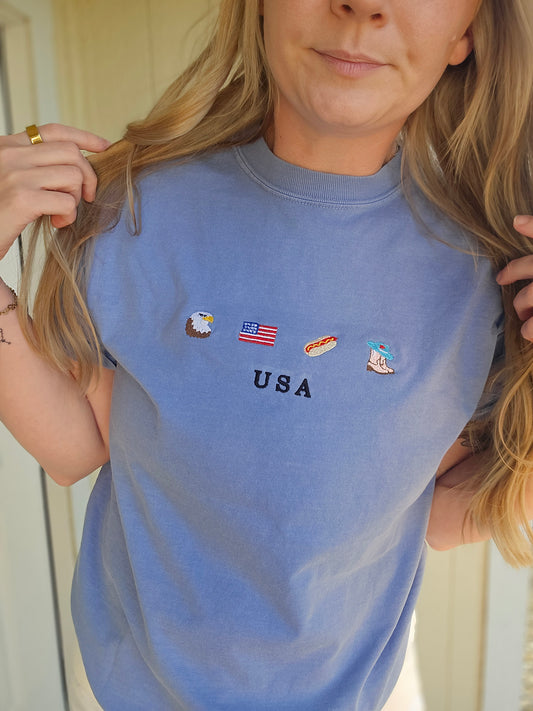 USA ICON Denim Blue Embroidered Short Sleeve Tee