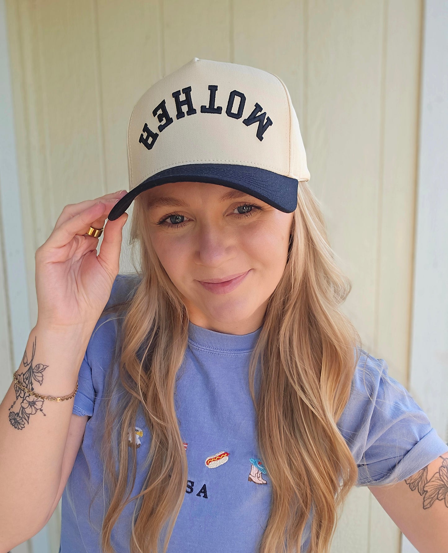 MOTHER Upside Down Black Embroidered Trucker Hat